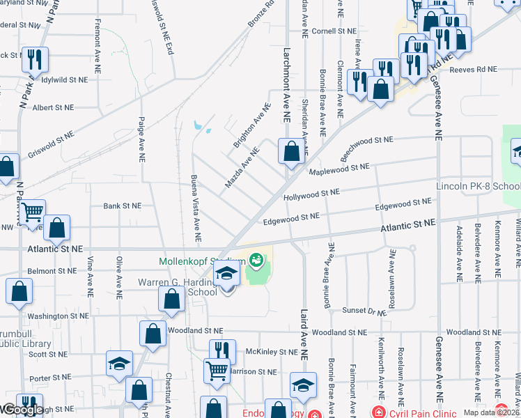 map of restaurants, bars, coffee shops, grocery stores, and more near 1229 Elm Road Northeast in Warren