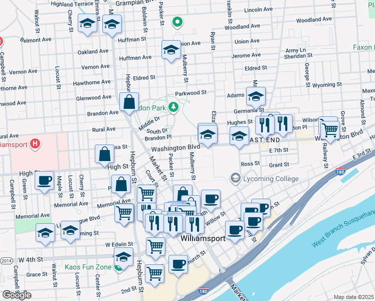 map of restaurants, bars, coffee shops, grocery stores, and more near 76 Washington Boulevard in Williamsport