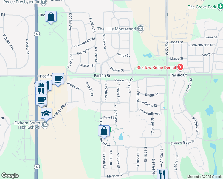 map of restaurants, bars, coffee shops, grocery stores, and more near 19701 Poppleton Avenue in Omaha