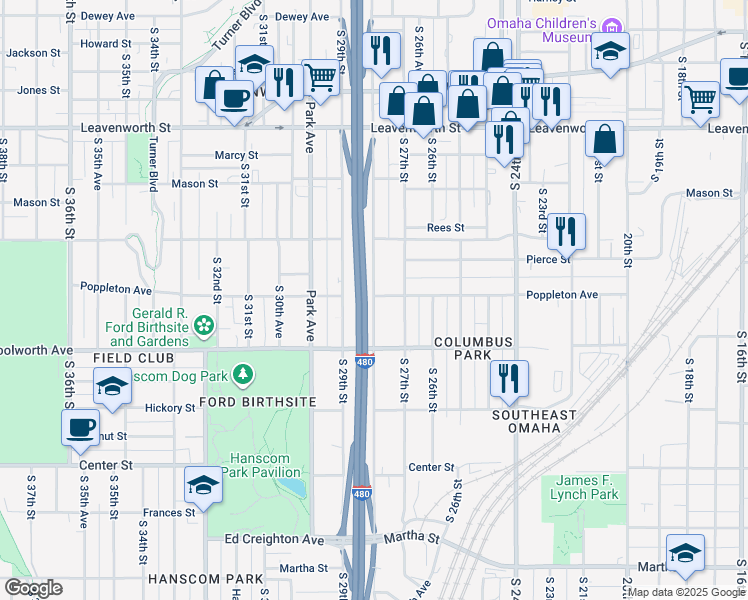 map of restaurants, bars, coffee shops, grocery stores, and more near 1303 South 28th Street in Omaha