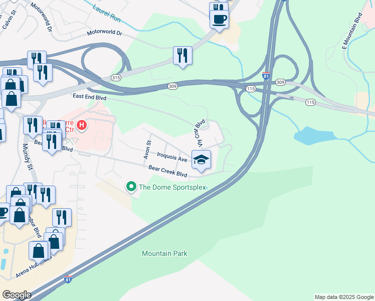 map of restaurants, bars, coffee shops, grocery stores, and more near 244 Seminole Avenue in Wilkes-Barre