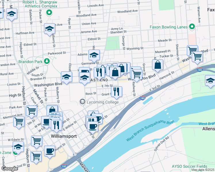 map of restaurants, bars, coffee shops, grocery stores, and more near 501 East 7th Street in Williamsport