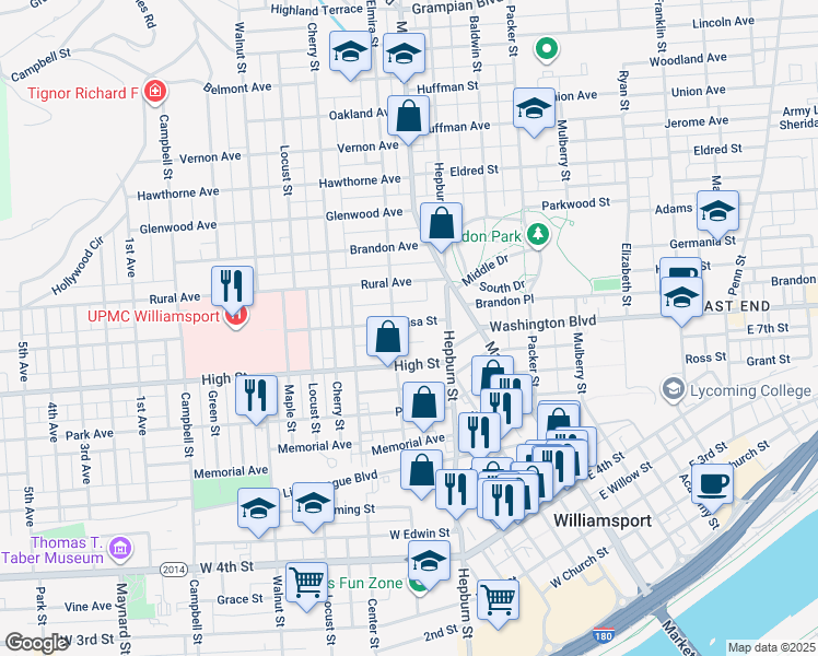 map of restaurants, bars, coffee shops, grocery stores, and more near 337 Louisa Street in Williamsport