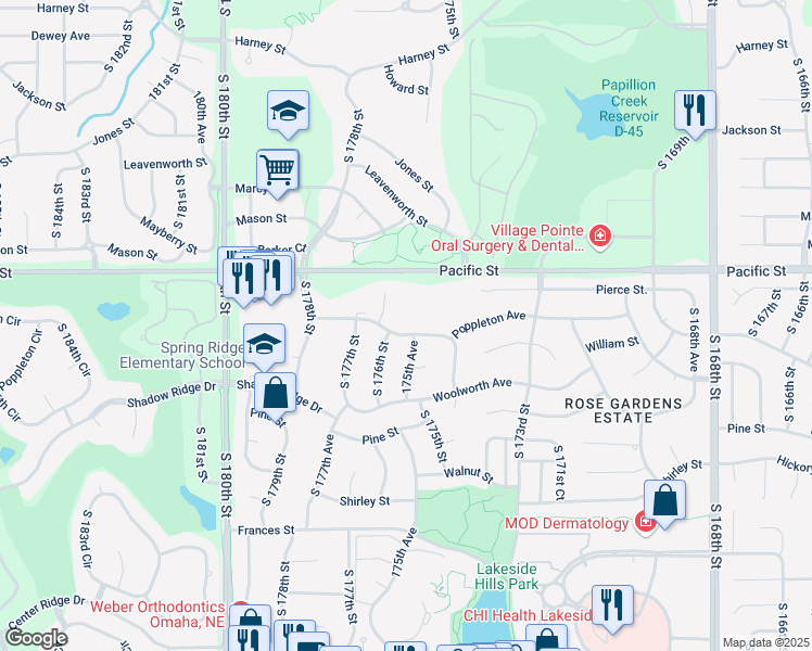 map of restaurants, bars, coffee shops, grocery stores, and more near 17552 Poppleton Avenue in Omaha