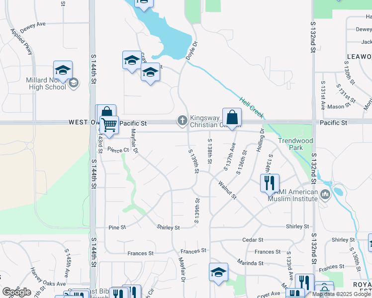 map of restaurants, bars, coffee shops, grocery stores, and more near 13905 Poppleton Circle in Omaha