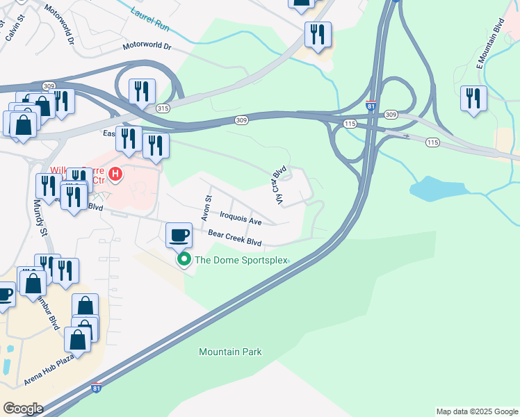 map of restaurants, bars, coffee shops, grocery stores, and more near 244 Seminole Avenue in Wilkes-Barre