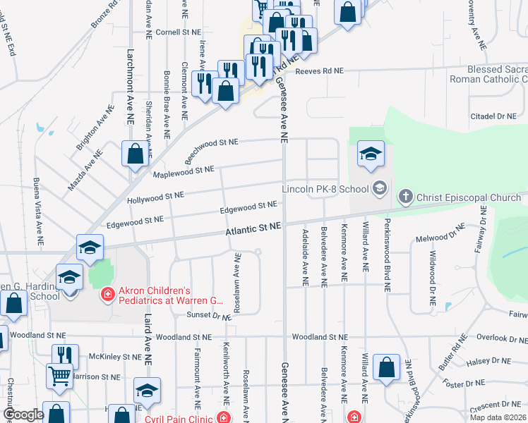 map of restaurants, bars, coffee shops, grocery stores, and more near 1053 Genesee Avenue Northeast in Warren