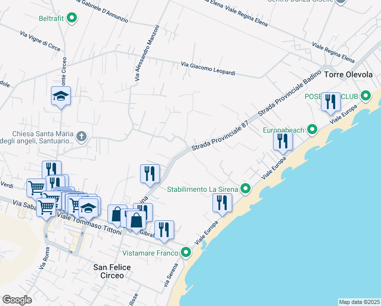 map of restaurants, bars, coffee shops, grocery stores, and more near 2 Via delle Ninfe in San Felice Circeo