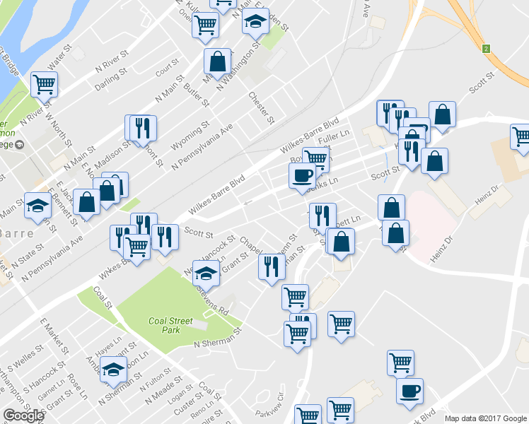 map of restaurants, bars, coffee shops, grocery stores, and more near 270 Scott St in Wilkes-Barre