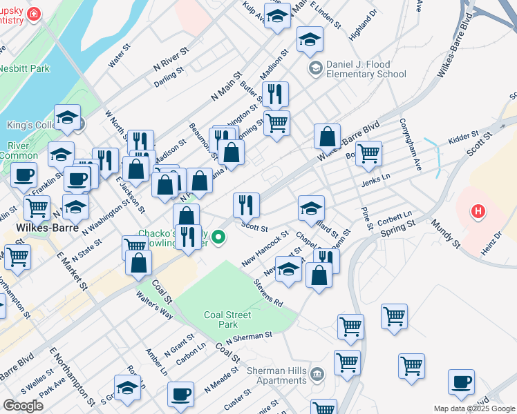 map of restaurants, bars, coffee shops, grocery stores, and more near 47 Bowman Street in Wilkes-Barre Township