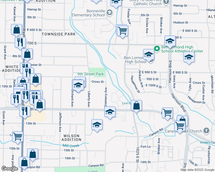 map of restaurants, bars, coffee shops, grocery stores, and more near 982 Gramercy Avenue in Ogden