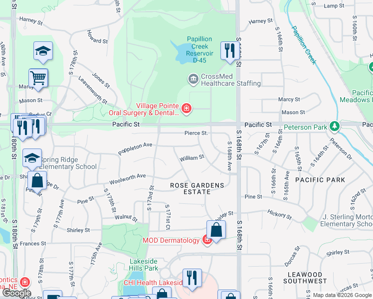 map of restaurants, bars, coffee shops, grocery stores, and more near 17011 Poppleton Avenue in Omaha