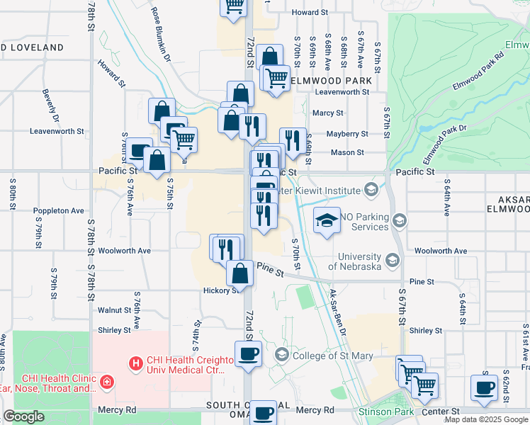 map of restaurants, bars, coffee shops, grocery stores, and more near 1222 South 71st Street in Omaha