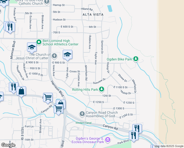 map of restaurants, bars, coffee shops, grocery stores, and more near 1485 Cross Street in Ogden