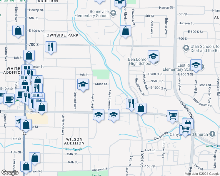 map of restaurants, bars, coffee shops, grocery stores, and more near 982 Gramercy Avenue in Ogden
