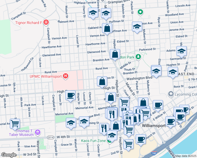 map of restaurants, bars, coffee shops, grocery stores, and more near 412 Louisa Street in Williamsport