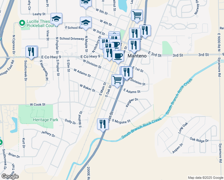 map of restaurants, bars, coffee shops, grocery stores, and more near 148 South Oak Street in Manteno