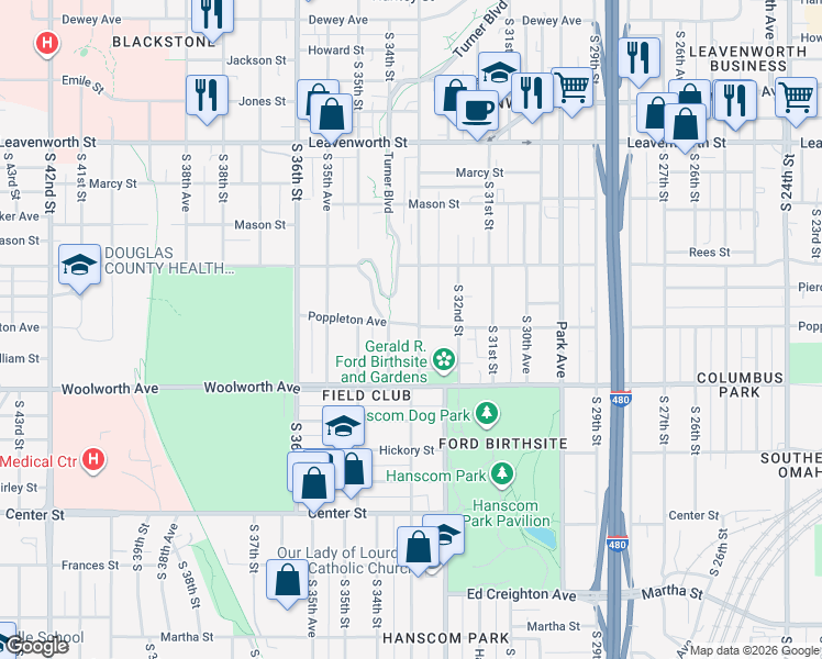 map of restaurants, bars, coffee shops, grocery stores, and more near 3221 Poppleton Avenue in Omaha