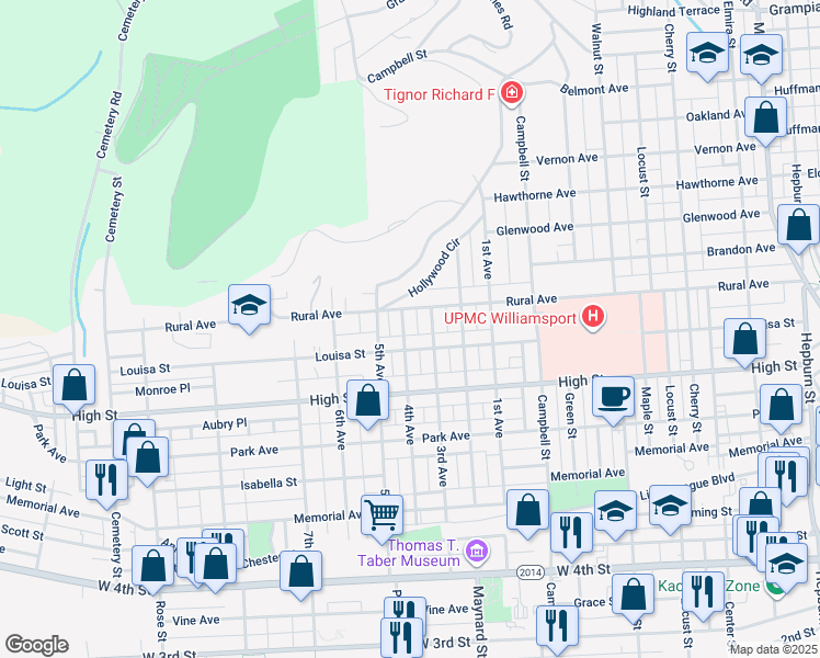 map of restaurants, bars, coffee shops, grocery stores, and more near 816 4th Avenue in Williamsport