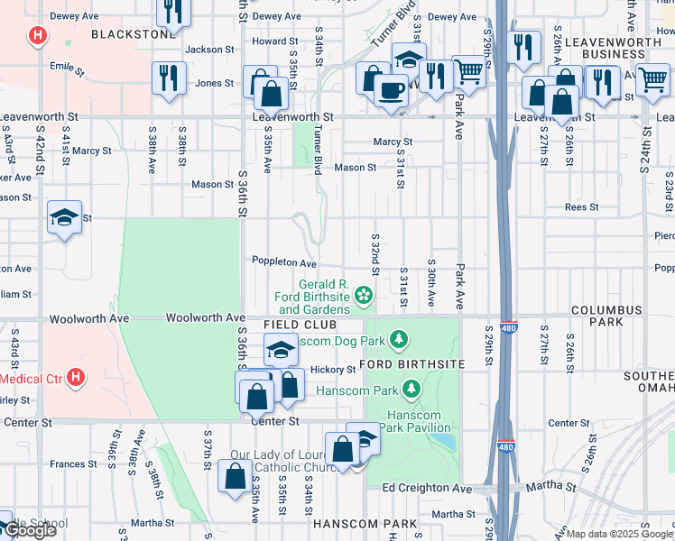 map of restaurants, bars, coffee shops, grocery stores, and more near 3221 Poppleton Avenue in Omaha