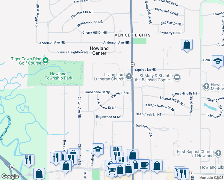 map of restaurants, bars, coffee shops, grocery stores, and more near 8241 Timberlane Street Northeast in Warren
