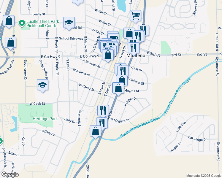 map of restaurants, bars, coffee shops, grocery stores, and more near 148 South Oak Street in Manteno