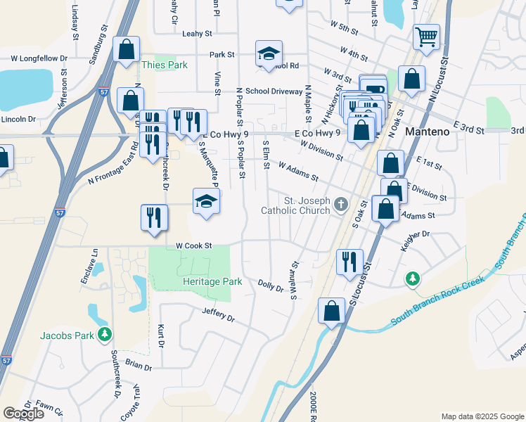 map of restaurants, bars, coffee shops, grocery stores, and more near 227 South Elm Street in Manteno