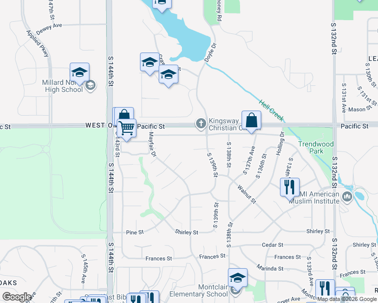 map of restaurants, bars, coffee shops, grocery stores, and more near 13929 Poppleton Circle in Omaha