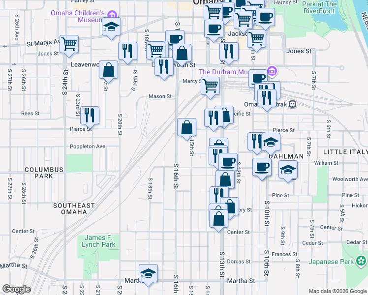 map of restaurants, bars, coffee shops, grocery stores, and more near 1223 South 16th Street in Omaha