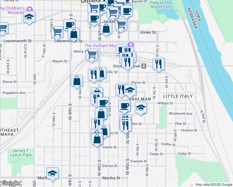 map of restaurants, bars, coffee shops, grocery stores, and more near 1228 South 11th Street in Omaha