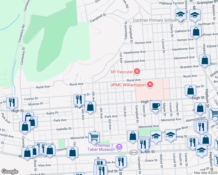 map of restaurants, bars, coffee shops, grocery stores, and more near 815 3rd Avenue in Williamsport