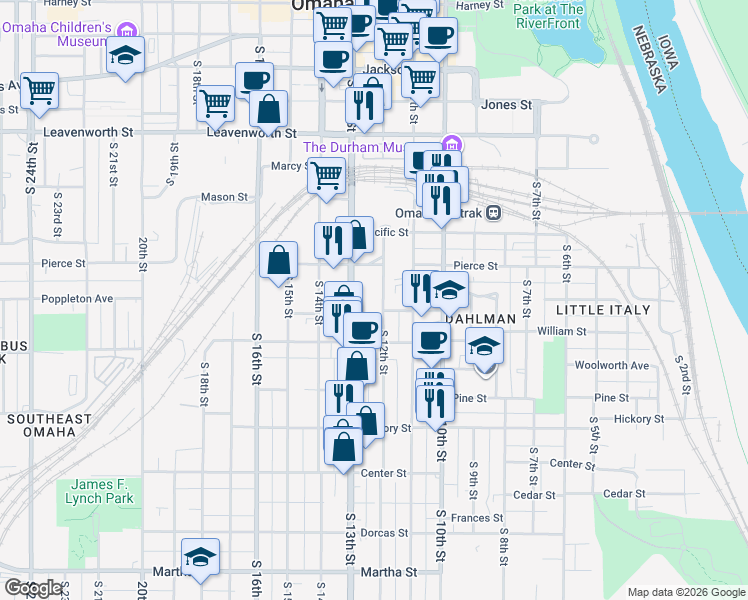 map of restaurants, bars, coffee shops, grocery stores, and more near 1222 South 12th Street in Omaha