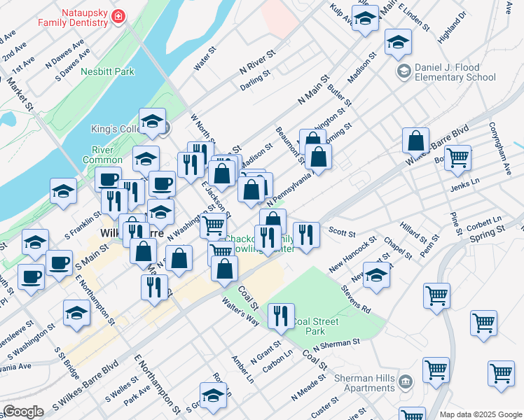 map of restaurants, bars, coffee shops, grocery stores, and more near 200 N Pennsylvania Ave in Wilkes-Barre