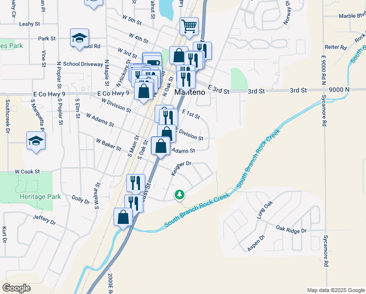 map of restaurants, bars, coffee shops, grocery stores, and more near 135 East Adams Street in Manteno