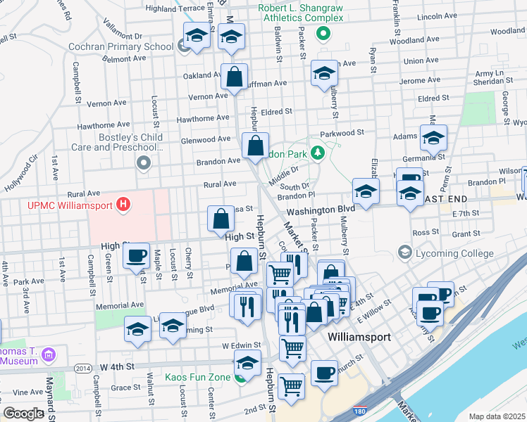 map of restaurants, bars, coffee shops, grocery stores, and more near 814 Hepburn Street in Williamsport