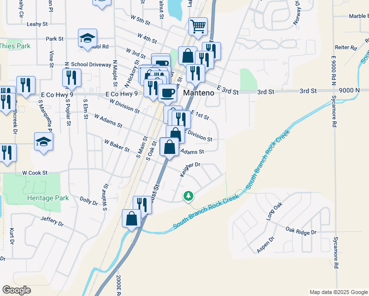 map of restaurants, bars, coffee shops, grocery stores, and more near 135 East Adams Street in Manteno