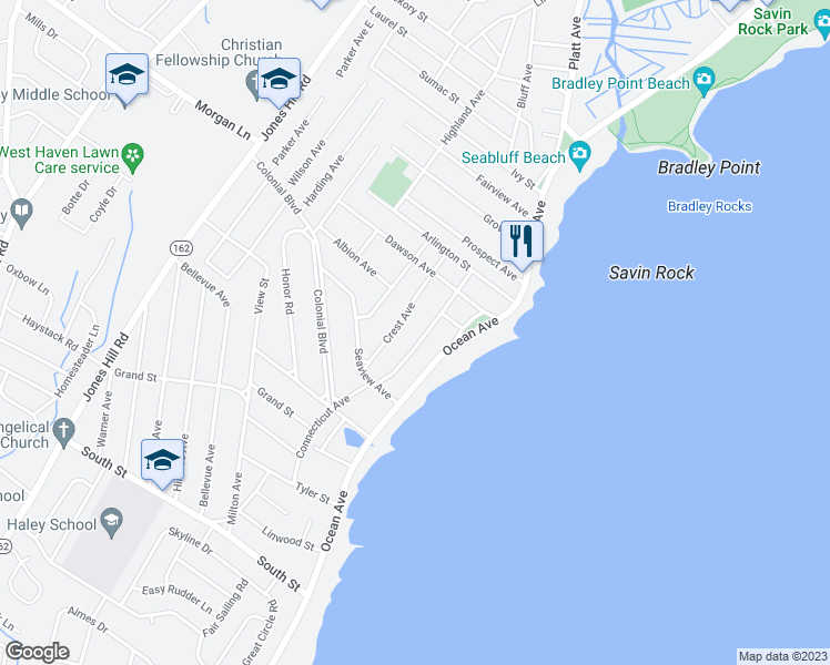 map of restaurants, bars, coffee shops, grocery stores, and more near 260 Connecticut Avenue in West Haven