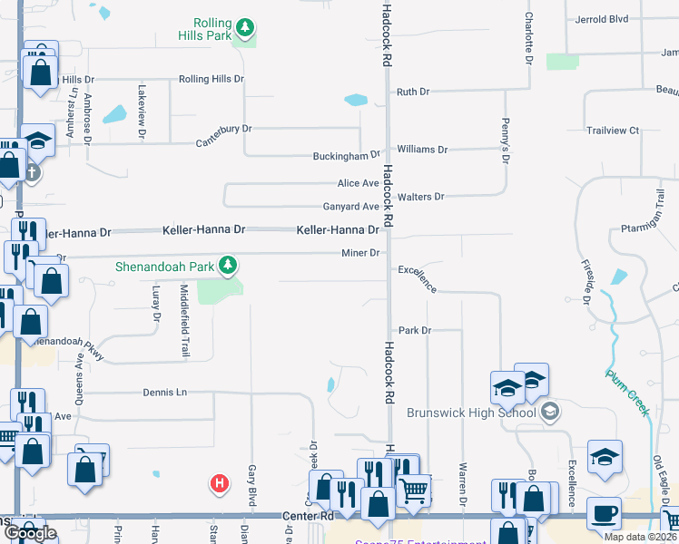 map of restaurants, bars, coffee shops, grocery stores, and more near 3892 Miner Drive in Brunswick
