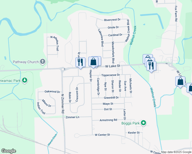 map of restaurants, bars, coffee shops, grocery stores, and more near 1835 Cambridge Drive in Warsaw