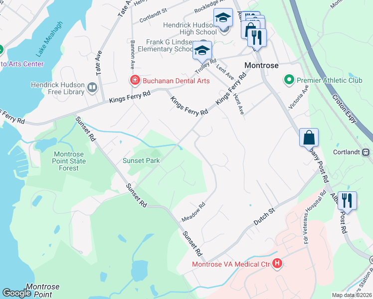 map of restaurants, bars, coffee shops, grocery stores, and more near 11 Meadow Road in Montrose