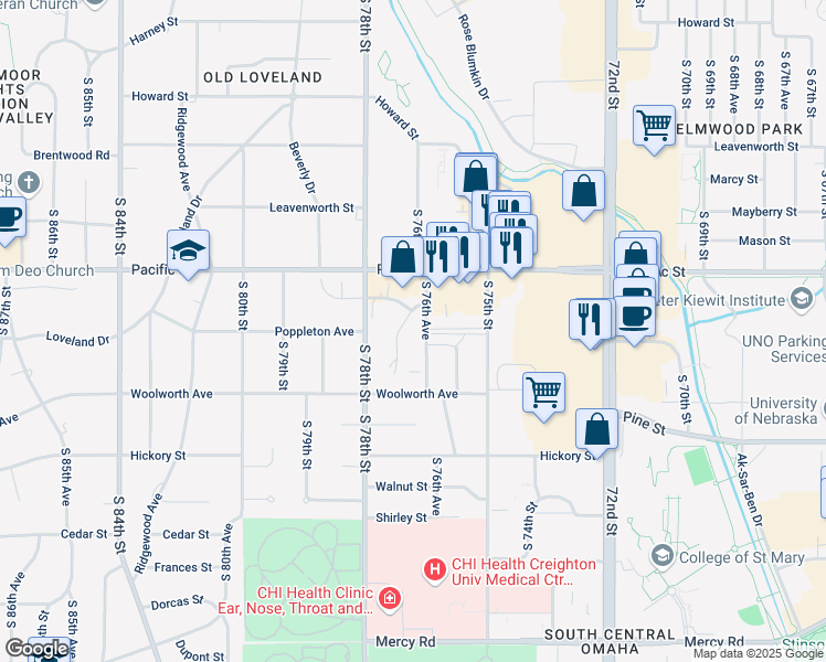 map of restaurants, bars, coffee shops, grocery stores, and more near 1215 Marbee Drive in Omaha