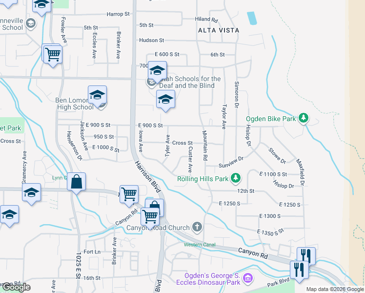 map of restaurants, bars, coffee shops, grocery stores, and more near 1343 Cross Street in Ogden