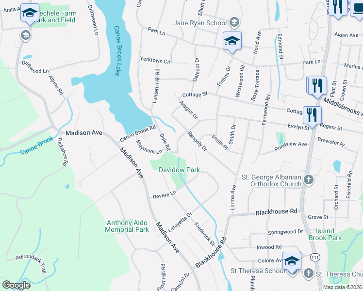 map of restaurants, bars, coffee shops, grocery stores, and more near 50 Glenbrook Road in Trumbull