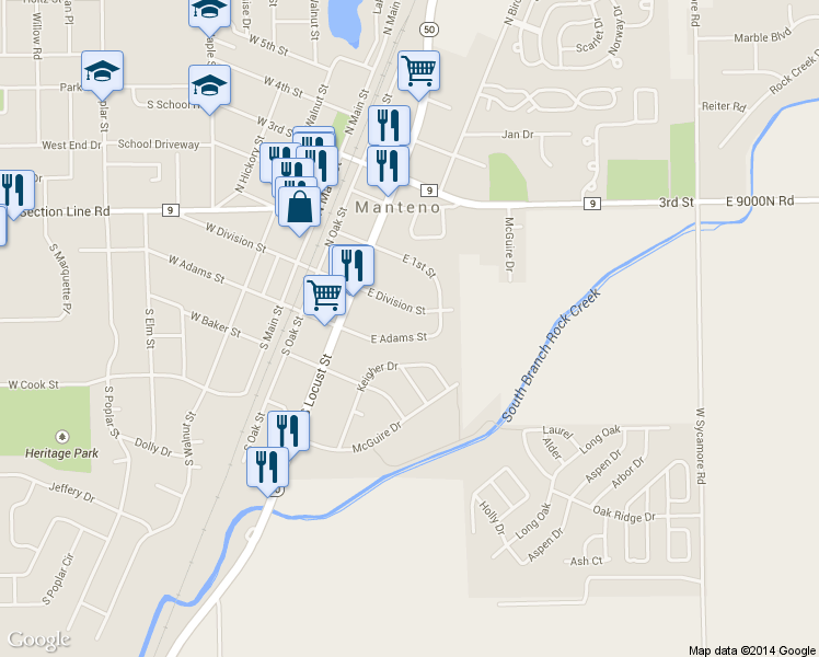 map of restaurants, bars, coffee shops, grocery stores, and more near 163 East Adams Street in Manteno