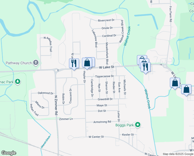 map of restaurants, bars, coffee shops, grocery stores, and more near 1835 Nye Street in Warsaw