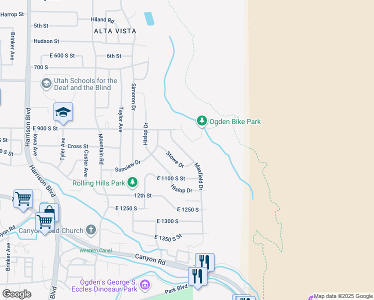 map of restaurants, bars, coffee shops, grocery stores, and more near 1006 Maxfield Drive in Ogden
