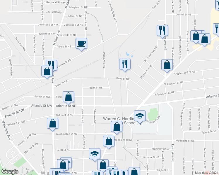 map of restaurants, bars, coffee shops, grocery stores, and more near 1201 Paige Avenue Northeast in Warren