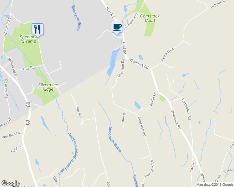 map of restaurants, bars, coffee shops, grocery stores, and more near 55 Deer Run Road in Wilton