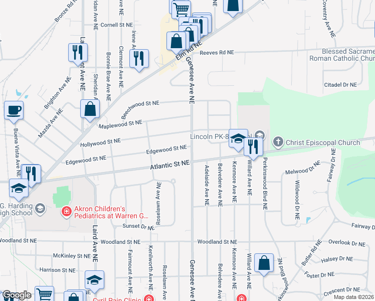 map of restaurants, bars, coffee shops, grocery stores, and more near 1053 Genesee Avenue Northeast in Warren