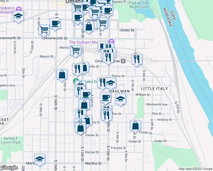 map of restaurants, bars, coffee shops, grocery stores, and more near 1226 South 10th Street in Omaha